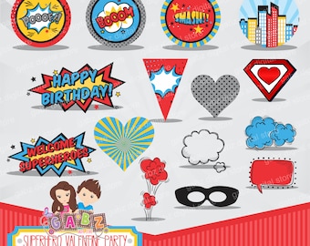 Superhero Valentine Party, Clipart, Digital Paper, Birthday Boy, Baby Shower, Valentine Party, Comic, Digital Paper