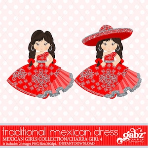 Puede incluir: Dos ilustraciones de una niña con un vestido tradicional mexicano rojo con detalles de purpurina plateada. La niña de la izquierda lleva un vestido rojo con un cinturón plateado y una flor plateada en el hombro. La niña de la derecha lleva un vestido rojo con un cinturón plateado y un sombrero rojo.