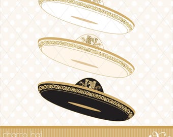 Charro Hat, Beige, Weiß, Schwarz, Goldglitzer, mexikanische Folklore, Clipart, Taufe, Aztek, dekorativ, Kommunion, Mexikanisch, Fiesta, Gabz