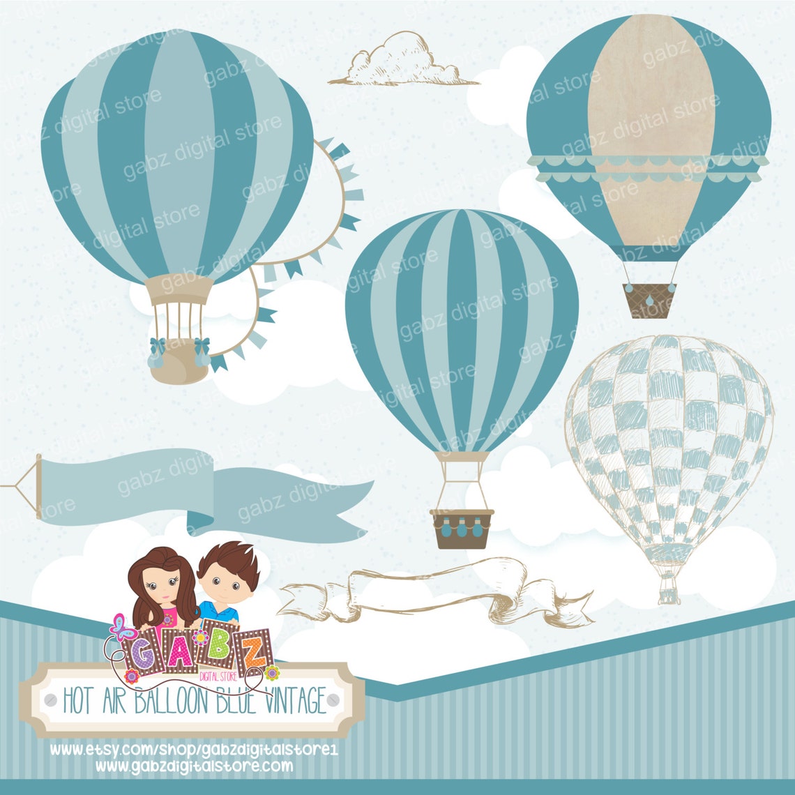 Hot Air Balloon Blue Vintage Clipart Digital Paper Birthday - Etsy