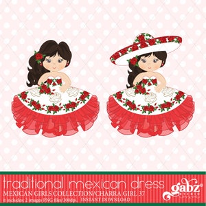 以下が含まれることがあります： 赤いバラと白いフリルスカートの伝統的なメキシコンドレスを着た女の子のイラストが2つあります。1つのイラストでは、女の子が大きな赤いソンブレロをかぶっています。