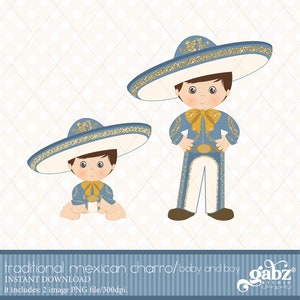 Charro, Mexicaanse folklore, clipart, stoffige blauwe en gouden glitter, Azteeks, decoratief, babyshower, Mexicaans, doop, fiesta, gabz