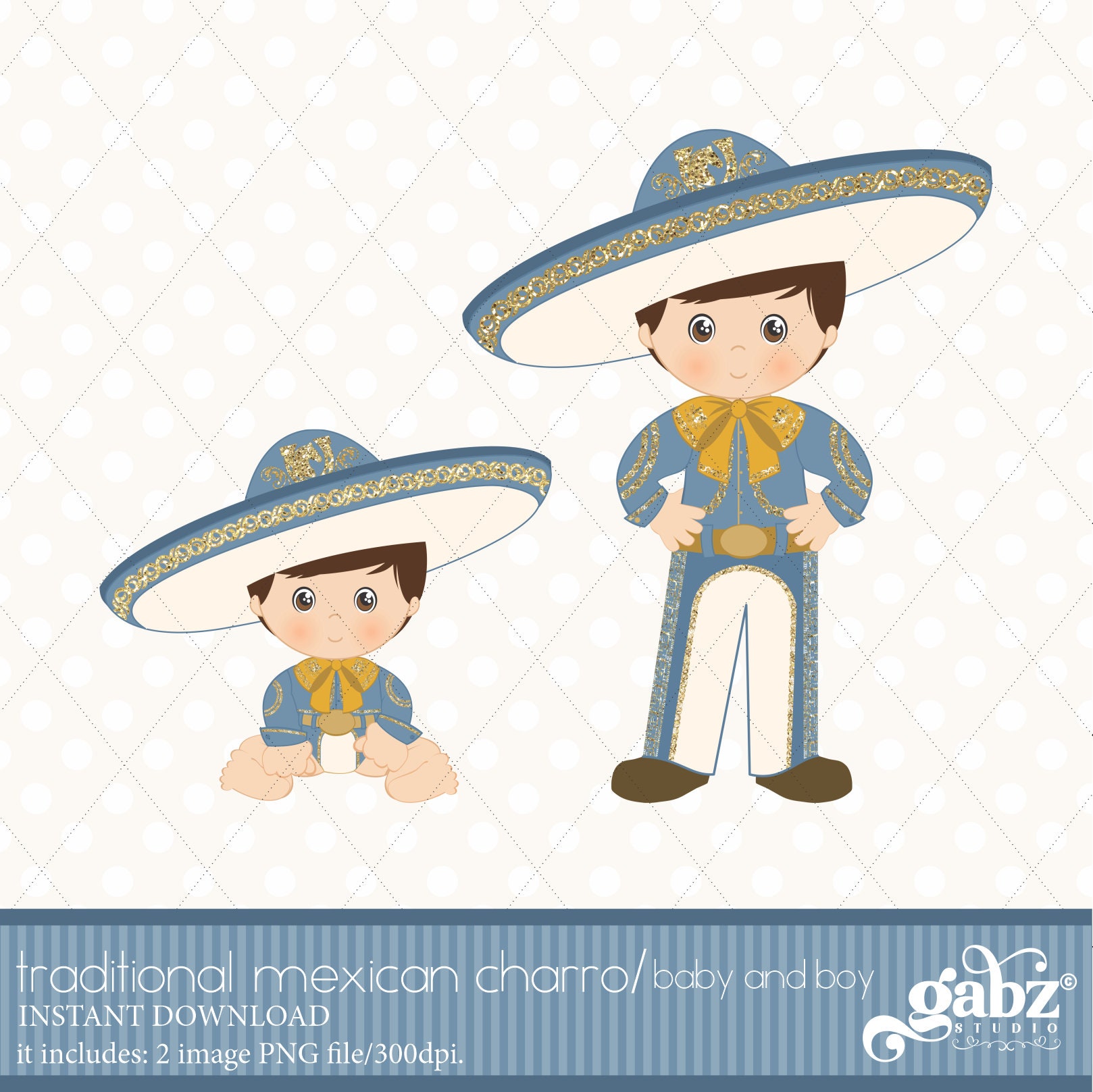 Charro Mexican Folklore Clipart Dusty Blue and Gold Glitter Aztec Decorative Baby Shower Mexican Baptism Fiesta Gabz