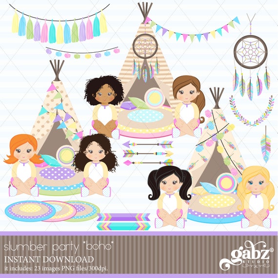 Slumber Party, Boho Party Theme, Tribal, Pajama Party, Party Girls,  Sleepover Tents, Movie Night, Birthday, Clipart, Gabz