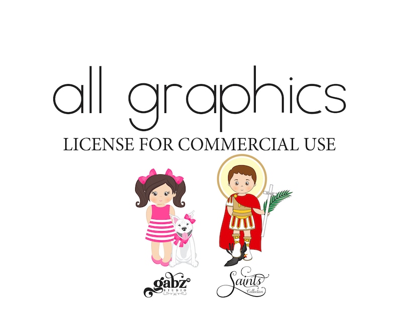 May include: A digital illustration of a girl with a pink dress and a white dog, a boy in a red and gold costume, and the text "all graphics LICENSE FOR COMMERCIAL USE". The image also includes the logos "gabz studio" and "Saints Collection".