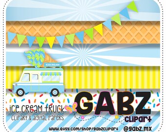 Ice Cream Truck, Clipart, Digital Paper, Party, Birthday, First Birthday, Baby Shower, Gabz