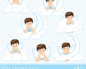 May include: Seven digital illustrations of a baby angel boy with brown hair, wearing a halo and a diaper, sitting on a cloud. Some of the angels are holding a dove, and some are sitting on a crescent moon.