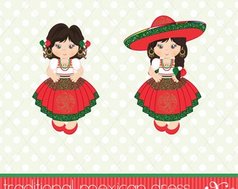 Puede incluir: Dos ilustraciones de niñas con vestidos tradicionales mexicanos. Las niñas tienen cabello castaño y visten vestidos rojos con ribetes verdes y detalles dorados. Una niña lleva un gran sombrero verde y rojo.