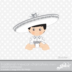 Baby Charro, zwart haar, Mexicaanse folklore, Clipart, Zilveren glitter, Azteeks, Decoratief, Babyshower, Mexicaans, Fiesta, Gabz