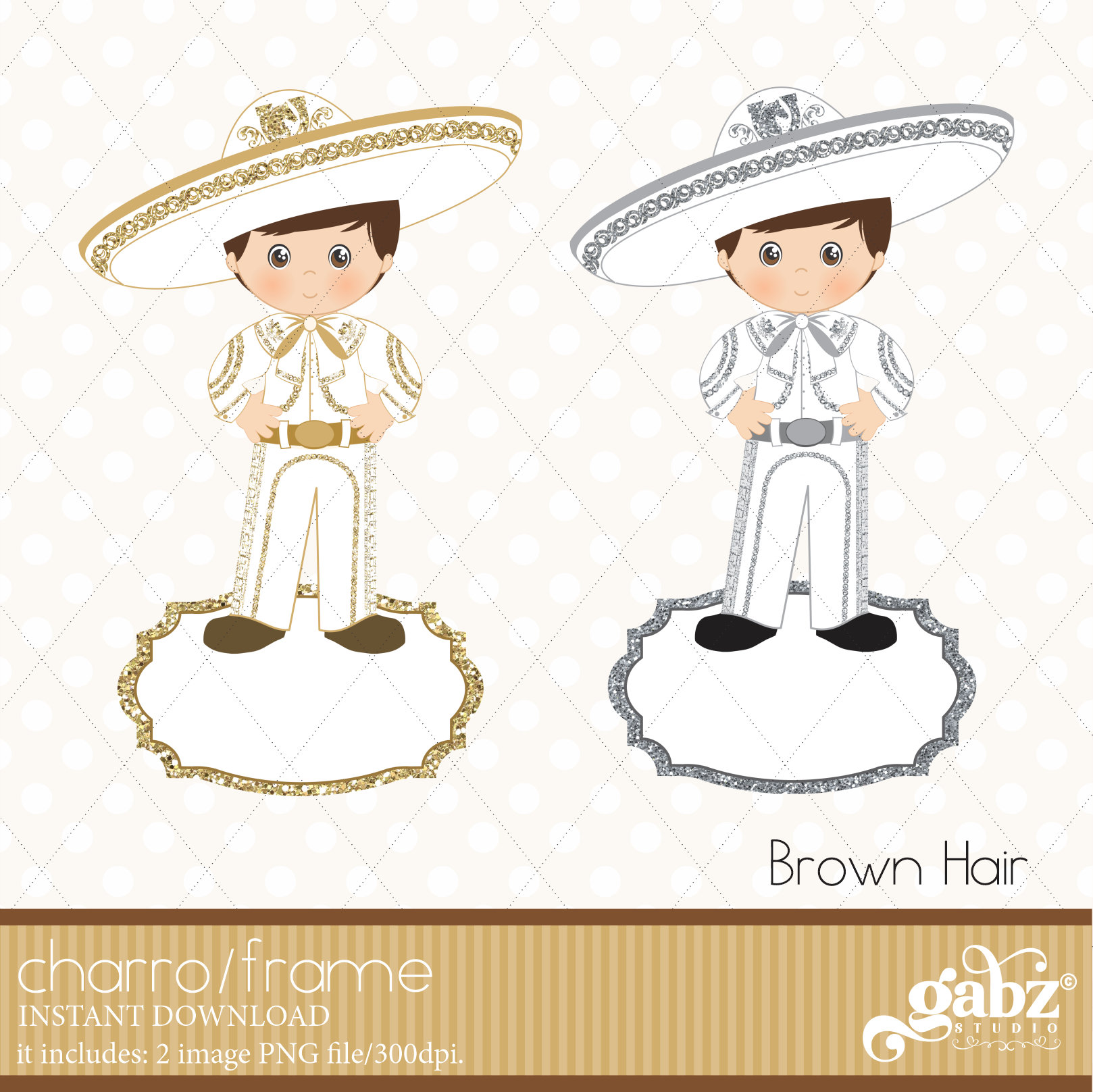 Charro, Frame, Gold and Silver Glitter, Brown Hair, Communion, Clipart, Mexican, Fiesta, Viva Mexico, Charro, 5 Mayo, Birthday, Gabz