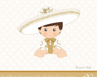 May include: A digital illustration of a baby boy wearing a traditional Mexican charro outfit. He is wearing a white shirt with gold embroidery, brown pants, and a large white sombrero with gold trim. The background is a light gold with a white diamond pattern.