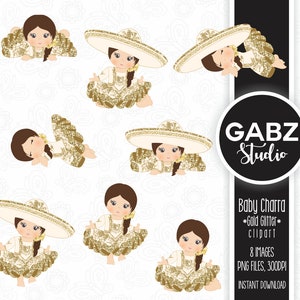 Baby Charra, gouden glitter en beige, doop, clipart, Mexicaans, Fiesta, Viva Mexico, Charro, 5 Mayo, verjaardag, Gabz