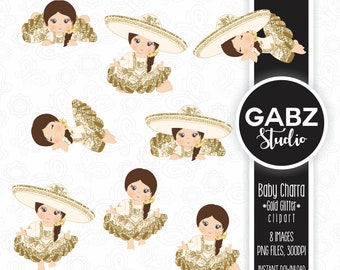 Baby Charra, Gold Glitter and Beige, Baptism, Clipart, Mexican, Fiesta, Viva Mexico, Charro, 5 Mayo, Birthday, Gabz