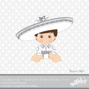 Baby Charro, bruin haar, Mexicaanse folklore, Clipart, Zilveren glitter, Azteeks, Decoratief, Babyshower, Mexicaans, Fiesta, Gabz