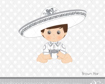 May include: A digital illustration of a baby wearing a traditional Mexican charro outfit, including a white sombrero with silver trim, a white shirt with silver embroidery, and brown pants. The baby has brown hair and is sitting with its legs crossed. The background is a white and gray polka dot pattern.