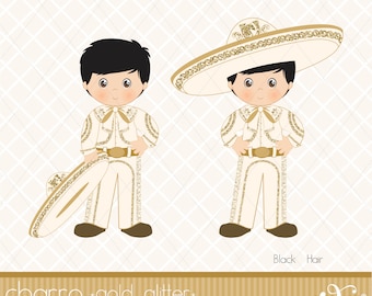 Charro, Junge, Beige und Gold Glitzer, mexikanische Folklore, Clipart, Gold Glitzer, Aztek, dekorativ, Kommunion, Mexikanisch, Fiesta, Gabz