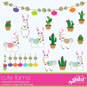 Schattige lama, Cactus, Kleurrijke lama, Alpaca, Meisjes, Verjaardag, Clipart, Gabz