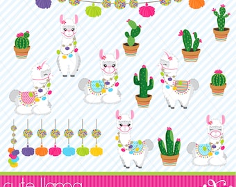 Cute Llama, Cactus, Colorful Llama, Alpaca, Girls, Birthday, Clipart, Gabz