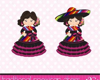 Puede incluir: Dos ilustraciones de niñas con vestidos tradicionales mexicanos. Las niñas tienen cabello oscuro y ojos marrones. Una niña lleva un vestido a rayas rojas, blancas y verdes con una cinta negra y una falda de volantes rosa. La otra niña lleva el mismo vestido con un gran sombrero colorido.