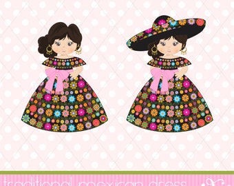 Puede incluir: Dos ilustraciones de una niña con un vestido tradicional mexicano con estampado floral. Una niña lleva un gran sombrero negro. El texto "traditional mexican dress" y "MEXICAN GIRLS COLLECTION/CHARRA GIRL 68" está en la parte inferior de la imagen.