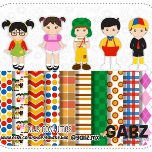 May include: Digital printable paper pack featuring colorful patterns and illustrations of children in costumes. The patterns include polka dots, stripes, checkered, and argyle. The illustrations include a girl with glasses, a girl with pink dress, a boy with a green hat, a boy with a red shirt, and a boy with a blue shirt. The text on the image reads "Kids Costumes" and "Gabz".