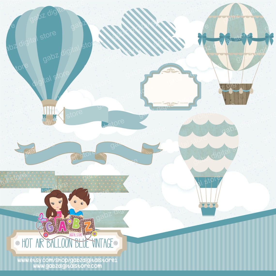 Hot Air Balloon Blue Vintage Clipart Digital Paper Birthday | Etsy