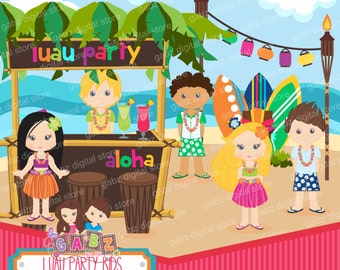 Luau Party Kids Clipart Birthday Girl Beach Tiki Party - Etsy New Zealand