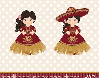 Puede incluir: Dos ilustraciones de niñas con vestidos tradicionales mexicanos. Los vestidos son burdeos con detalles dorados y una falda en capas. Una niña lleva un sombrero. La imagen incluye el texto "Traditional Mexican Dress" y "Mexican Girls Collection/Charra Girl 18".