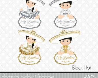 Charro Baby, Frame, Gold and Silver Glitter, Black Hair, Baptism, Clipart, Mexican, Fiesta, Viva Mexico, Charro, 5 Mayo, Birthday, Gabz