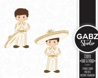 May include: Two illustrations of a charro, a traditional Mexican horseman, wearing a white and gold outfit with a sombrero. The charro on the left is holding a sombrero in his hand. The charro on the right is standing with his hands on his hips.  GABZ Studio *Gold & Beige* clipart.
