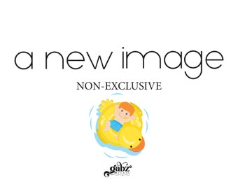 May include: A yellow rubber duck pool float with a child sitting on top. The child is wearing blue swim trunks and has red hair. The text "a new image NON-EXCLUSIVE" is above the float.