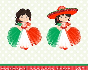 Puede incluir: Dos ilustraciones de niñas con vestidos tradicionales mexicanos de colores rojo, blanco y verde. Una niña lleva un sombrero.