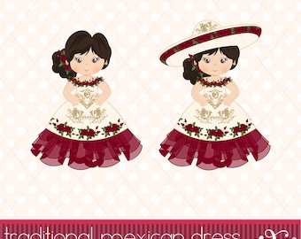 Puede incluir: Dos ilustraciones de una niña con un vestido tradicional mexicano. El vestido es de color crema con detalles dorados y una falda burdeos. Una niña lleva un sombrero. La imagen incluye el texto "Traditional Mexican Dress" y "Mexican Girls Collection/Charra Girl 46".