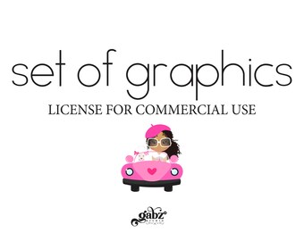 May include: A set of graphics for commercial use. The image features a cartoon illustration of a woman with brown hair and glasses driving a pink car with a white dog in the passenger seat. The text "set of graphics" and "LICENSE FOR COMMERCIAL USE" is displayed in black text.