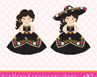 Puede incluir: Dos ilustraciones de una niña con un vestido tradicional mexicano con falda negra, ribetes dorados y bordados florales coloridos. Una niña lleva un gran sombrero.