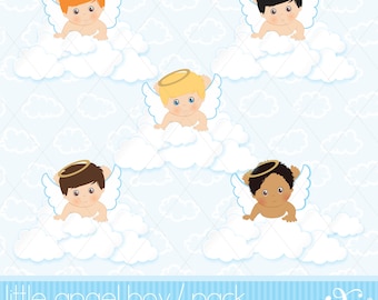May include: Set of five digital illustrations of baby angels with halos, each with a different skin tone, sitting on clouds. The background is a light blue with a diamond pattern.