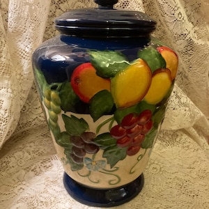 Large Cookie Jar  Hand Painted In Colorful Colors or Yellow Blue Green and Purple. Excellent Condition. Wedding Or Housewarming Gift.
