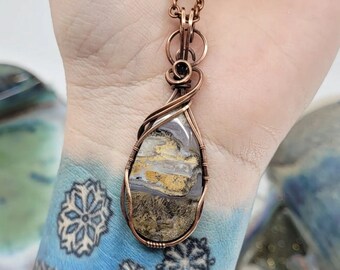 Fossilized Palm Root Teardrop Reversible Wire Wrapped Antique Copper Pendant