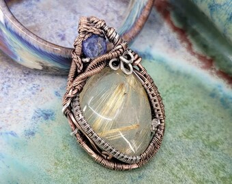 Tanzanite Crystal and Golden Rutilated Quartz in Antique Copper Sterling Silver Wire Wrapped Pendant