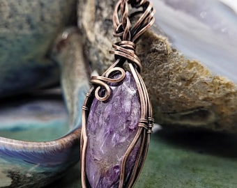 Purple Charoite Natural Crystal Antique Copper Wire Wrap Pendant Necklace