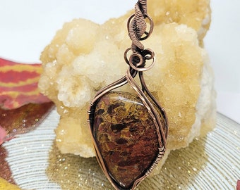 Gold Red Brown Natural Pietersite Crystal Antique Copper Wire Wrapped Pendant Necklace