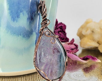 Rainbow Fluorite Purple Blue Pattern Antique Copper Wire Wrapped Pendant Necklace