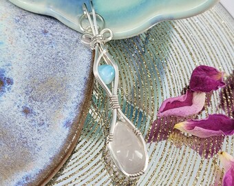 Rose Quartz Larimar Natural Crystal Sterling Silver Wire Wrapped Pendant Necklace