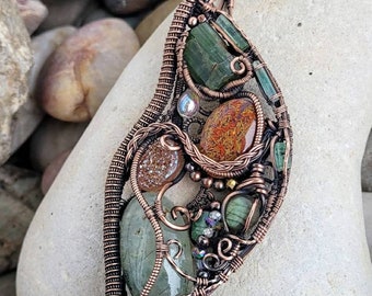 Large Green and Orange Crystal Antique Copper Wire Wrapped Pendant with Tourmaline Prehnite Labradorite and Druzy Agate