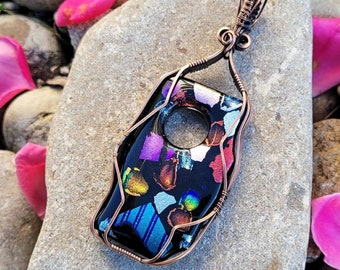 Black and Colorful Glass Antique Copper Wire Wrapped Pendant