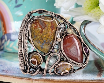 Ocean Jasper Agate Garnet Multi Stone Red Earth Tone Antique Copper Wire Wrapped Pendant Necklace