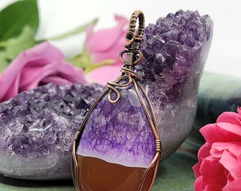 Purple Orange Druzy Agate Quartz Antique Copper Wire Wrapped Pendant Necklace