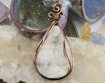 White Aura Druzy Agate Natural Crystal Antique Copper Wire Wrapped Pendant Necklace