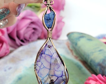 Blue Purple Druzy Dragon's Vein Agate Antique Copper Wire Wrapped Pendant Necklace