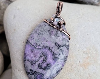 Purple Enhanced Crazy Lace Agate Antique Copper Wire Wrapped Pendant Necklace